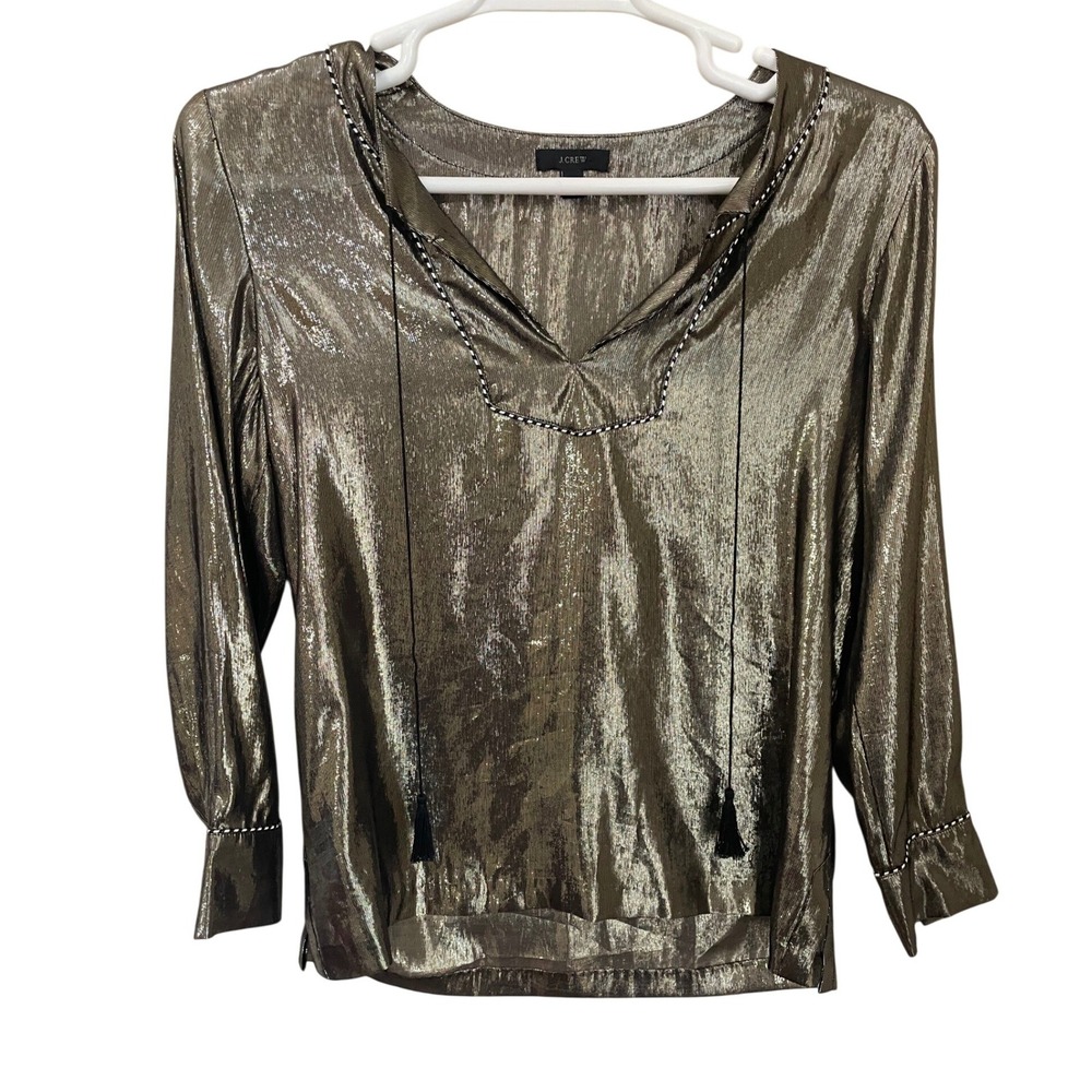 J.Crew Silk Metallic Gold Tassel V-Neck Tunic Blouse Top Size 8 Glam Cocktail